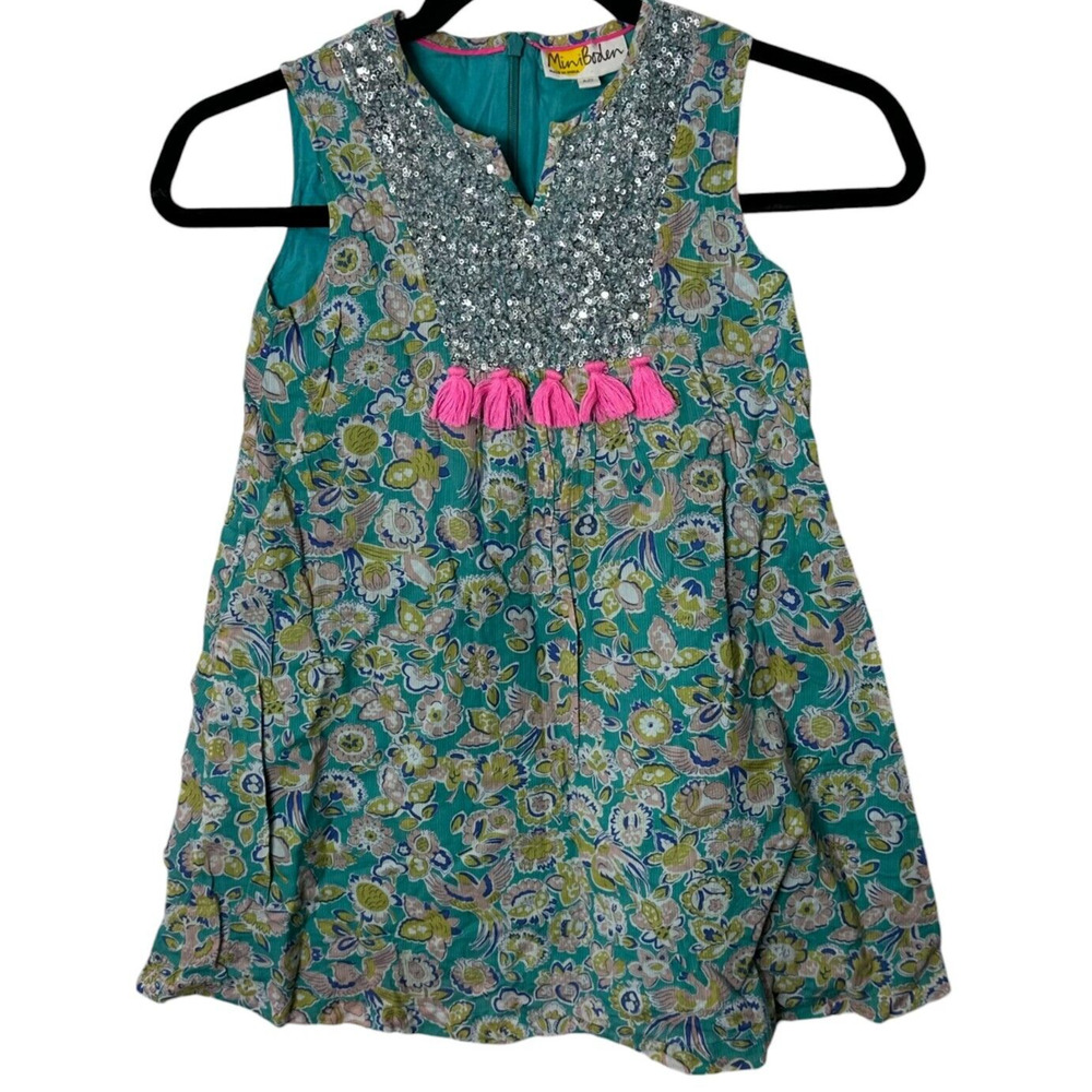 EUC Mini Boden size 6/7 Teal Floral Dress with Silver Sequin and Pink Tassels